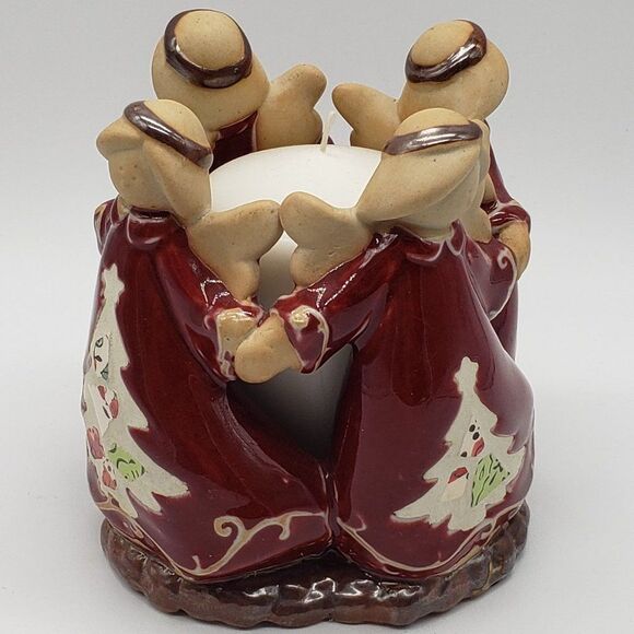 4 Christmas Tree Angels Holding Hands in Circle Stoneware Votive Candle Holder - Picture 11 of 13